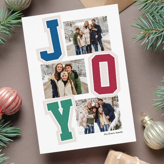Joy preppy patches kleurrijke drie foto kerst feestdagenkaart