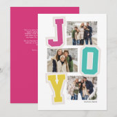 Joy preppy patches leuk roze drie foto kerst feestdagenkaart (Voorkant / Achterkant)