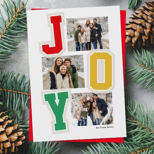 Joy preppy patches trendy drie foto kerst feestdagenkaart
