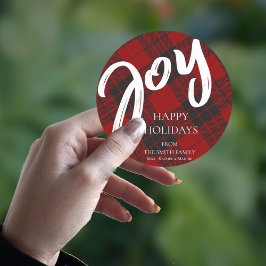 Joy Red Black Pset Tartan Familienaam Naam Kerstmi Ronde Sticker