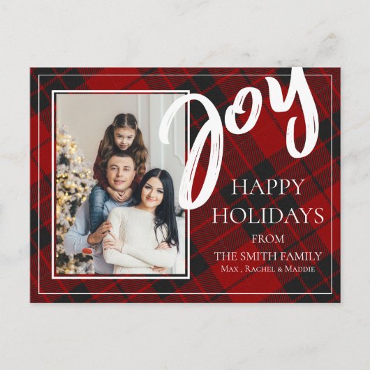Joy Red Black Pset Tartan Fijne feestdag Feestdagenkaart (Voorkant)