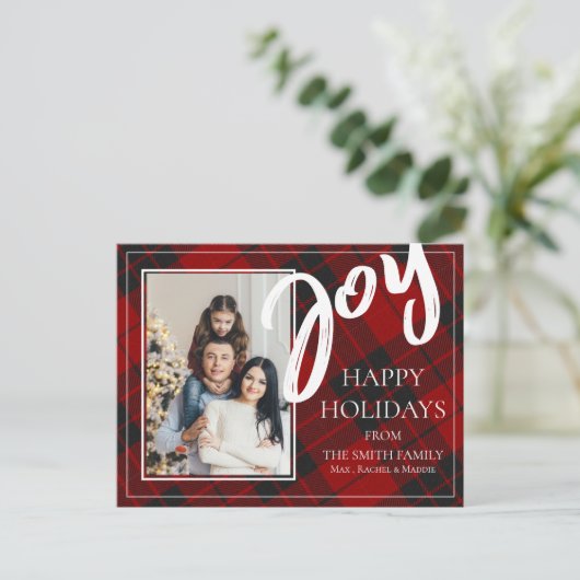 Joy Red Black Pset Tartan Fijne feestdag Feestdagenkaart (Staand voorkant)