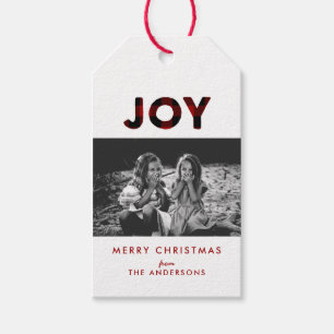 Joy Red Buffalo Plaid Kerst Foto Gift Label Cadeaulabel