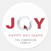 Joy Red Cardinal Waterverf Christmas Ronde Sticker (Voorkant)
