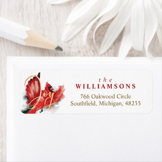 Joy Red Flying Kardinaal Waterverf Kerstvogel Etiket (Insitu)