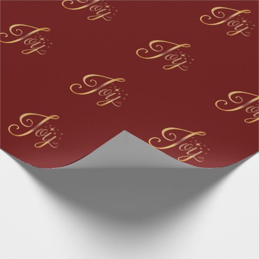 "Joy" Red Gold Script Elegant Holiday Seasonal Cadeaupapier (Hoek)