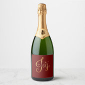"Joy" Red Gold Script Elegant Holiday Seasonal Sparkling Wijnetiket (Voorkant)