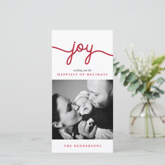 Joy Red Modern Script-kerstfotokaart Feestdagenkaart (Staand voorkant)
