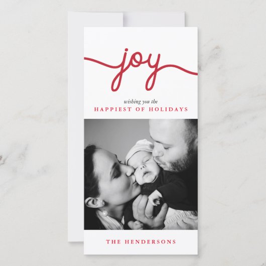 Joy Red Modern Script-kerstfotokaart Feestdagenkaart (Voorkant)