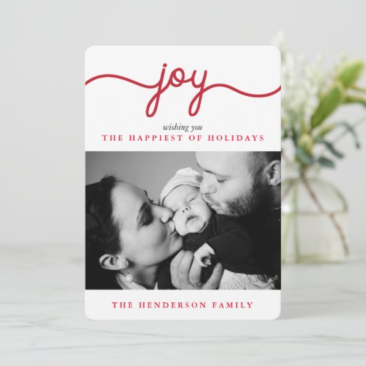 Joy Red Modern Script-kerstfotokaart Feestdagenkaart (Staand voorkant)