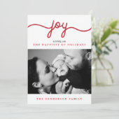 Joy Red Modern Script-kerstfotokaart Feestdagenkaart (Staand voorkant)