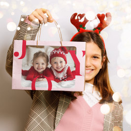 JOY | Red & Pink Modern Christmas Photo  Groot Cadeauzakje