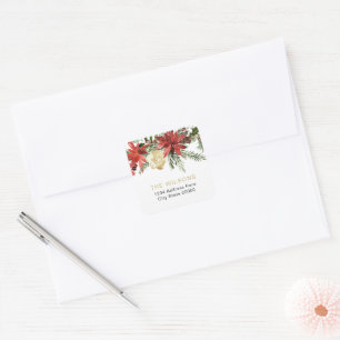 JOY Red Poinsettia Kerst retour adreslabel Vierkante Sticker
