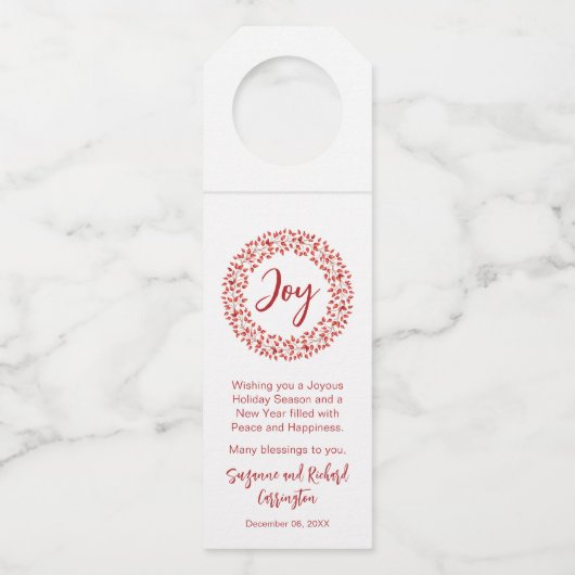 Joy Red Rosehips Wreath. Kerstmis Flessenhanger (Voorkant)