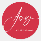 Joy Red Script Vakantie Kerstmis Ronde Sticker (Voorkant)