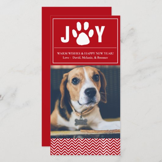 Joy Red & White Chevron Pet Photo Card Feestdagenkaart (Voorkant / Achterkant)