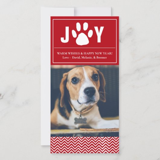 Joy Red & White Chevron Pet Photo Card Feestdagenkaart (Voorkant)