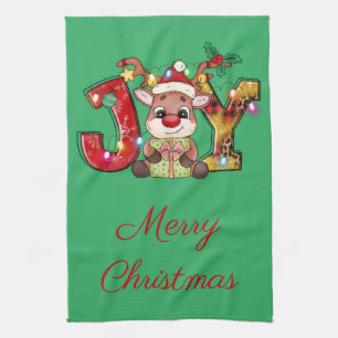 Joy Reindeer Red Green Kerstmis Holiday Theedoek