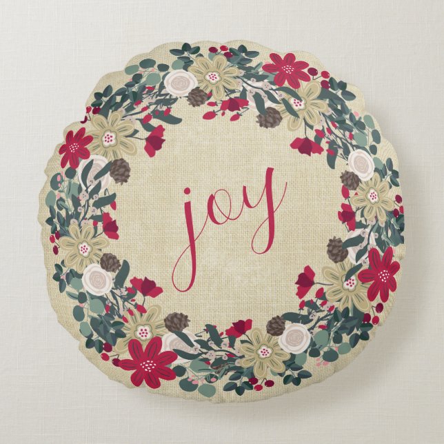 Joy - Reversible Floral Farmhouse kerstmis Rond Kussen (Voorkant)