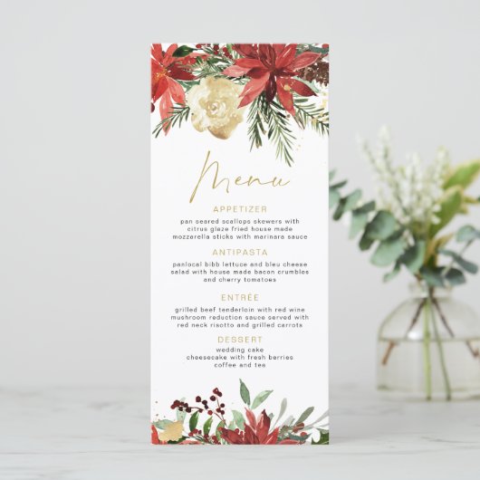 JOY Rode Poinsettia en dennenappel Kerstdiner Menu (Staand voorkant)