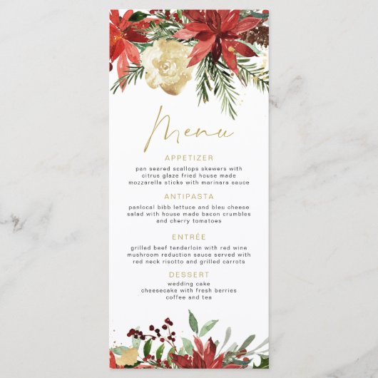 JOY Rode Poinsettia en dennenappel Kerstdiner Menu (Voorkant)