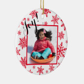 Joy! Rood- en wittekopflakken Ronde kerstfoto Keramisch Ornament (Rechts)