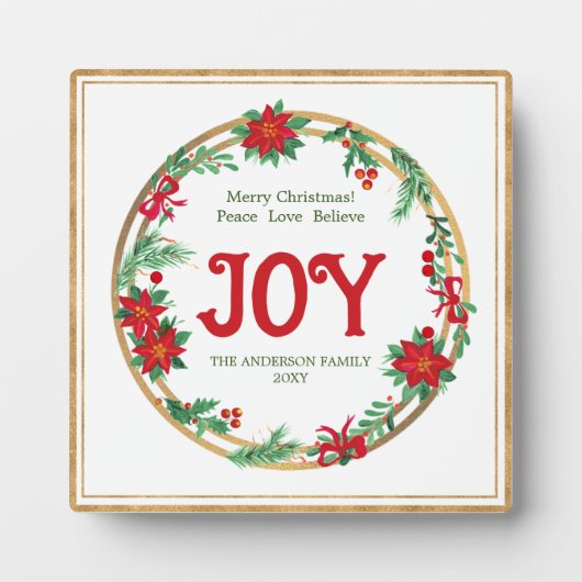 Joy Rood Groen Goud Poinsettia Krans Kerstmis Fotoplaat (Voorkant)