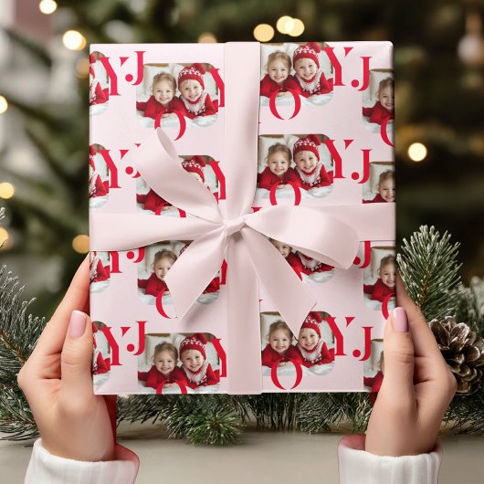 JOY | Rood & Roze Modern Kerst Foto Cadeaupapier