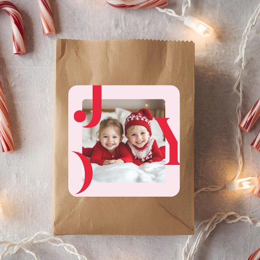 JOY | Rood & Roze Modern Kerst Foto Vierkante Sticker
