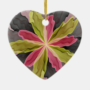 Joy, roze groene antracite, fractal Heart Keramisch Ornament