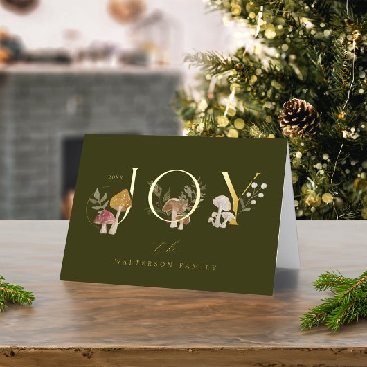 Joy rustieke bosrijke Waterverf paddenstoel kerst Folie Feestdagenkaart