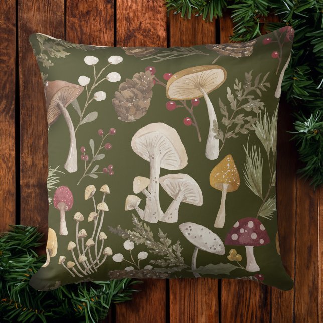 Joy rustieke bosrijke Waterverf paddenstoel kerst Kussen (Joy Rustic Woodsy Watercolor Mushroom Christmas Throw Pillow)