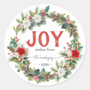 Joy Rustieke Typografie Naam Kerstkrans Rood Ronde Sticker