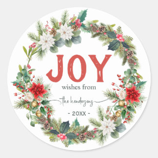 Joy Rustieke Typografie Naam Kerstkrans Rood Ronde Sticker