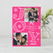 Joy script 2 foto's sneeuwvlokken neon roze Kerstm Feestdagenkaart (Staand voorkant)