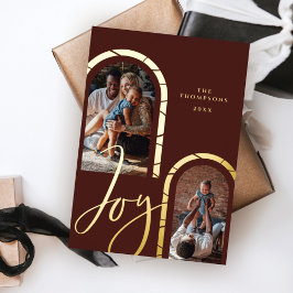 Joy Script Elegant Photo Family Modern Arches Foli Folie Feestdagenkaart