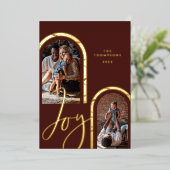 Joy Script Elegant Photo Family Modern Arches Foli Folie Feestdagenkaart (Staand Voorkant)