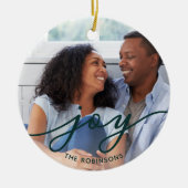 Joy Script | Familienaam Dubbele foto Keramisch Ornament (Voorkant)