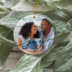 Joy Script   Familienaam Dubbele foto Keramisch Ornament