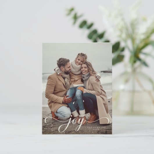 Joy script Kerst/Vakantie foto briefkaart (Staand voorkant)