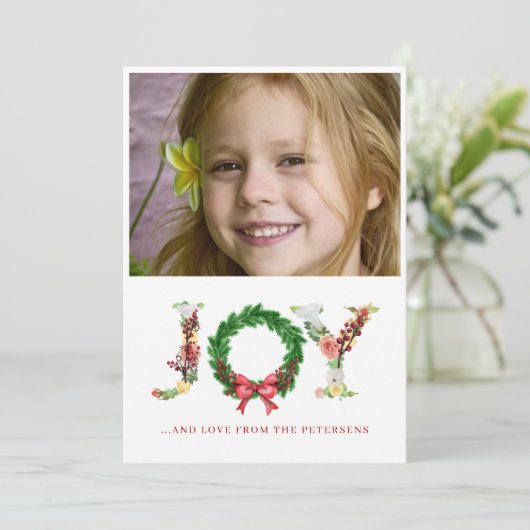 Joy script kerstfloral met aangepast formaat Ho Feestdagenkaart (Staand voorkant)