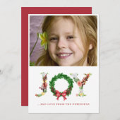 Joy script kerstfloral met aangepaste foto feestdagenkaart (Voorkant / Achterkant)