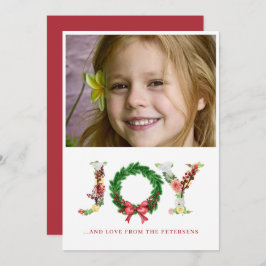 Joy script kerstfloral met aangepaste foto feestdagenkaart