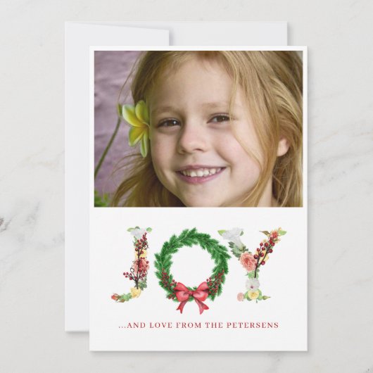 Joy script kerstfloral met aangepaste foto feestdagenkaart (Voorkant)