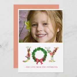Joy script kerstfloral met aangepaste foto feestdagenkaart