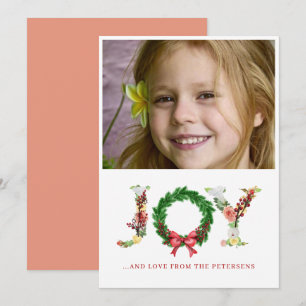Joy script kerstfloral met aangepaste foto feestdagenkaart