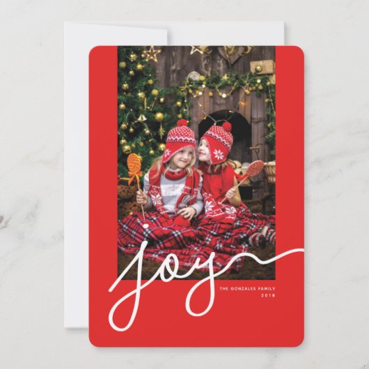 Joy Script Personalized Foto Red Holiday Kaart (Voorkant)