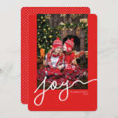 Joy Script Personalized Foto Red Holiday Kaart (Voorkant / Achterkant)