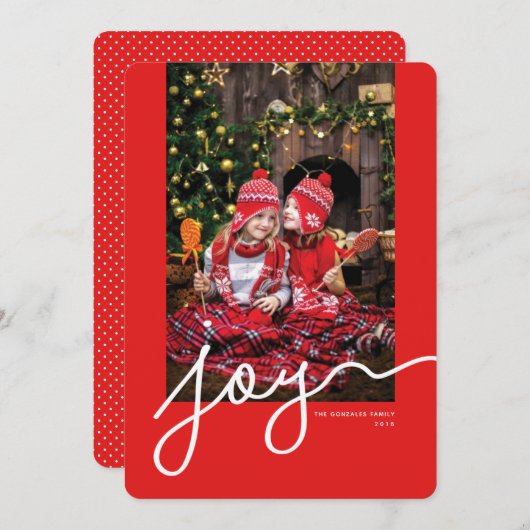Joy Script Personalized Foto Red Holiday Kaart (Voorkant / Achterkant)