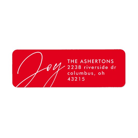 Joy script red kerstvakantie retouradres etiket (Voorkant)
